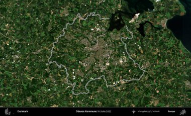Odense Kommune. Danimarka 'nın idari bölgesi, Haziran 2022' de çekilen Kopernik Nöbetçi Fayanslarından oluşan bir uydu görüntüsü ile özetlenmiştir.