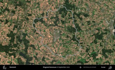 Halkalı Kommune. Danimarka 'nın idari bölgesi, Eylül 2020' de çekilen Kopernik Nöbetçi Fayanslarından oluşan bir uydu görüntüsünde özetlenmiştir.