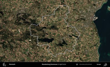 Skanderborg Kommune. Danimarka 'nın idari alanı Nisan 2020' de çekilen Kopernik Nöbetçi karolarından oluşan bir uydu görüntüsüyle özetlenmiştir.