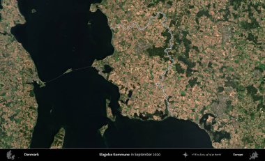 Slagelse Kommune. Danimarka 'nın idari bölgesi, Eylül 2020' de çekilen Kopernik Nöbetçi Fayanslarından oluşan bir uydu görüntüsünde özetlenmiştir.