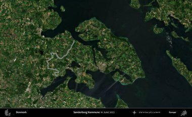 Sonderborg Kommune. Danimarka 'nın idari bölgesi, Haziran 2022' de çekilen Kopernik Nöbetçi Fayanslarından oluşan bir uydu görüntüsü ile özetlenmiştir.