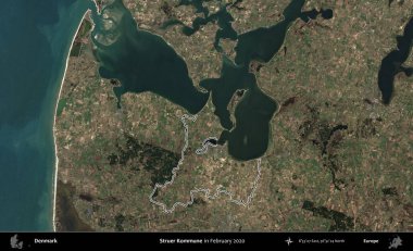 Struer Kommune. Danimarka 'nın idari bölgesi, Şubat 2020' de çekilen Kopernik Nöbetçi karolarından oluşan bir uydu görüntüsünde özetlenmiştir.