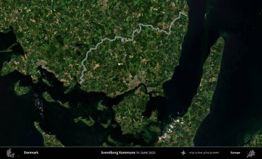 Svendborg Kommune. Danimarka 'nın idari bölgesi, Haziran 2022' de çekilen Kopernik Nöbetçi Fayanslarından oluşan bir uydu görüntüsü ile özetlenmiştir.