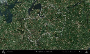 Viborg Kommune. Danimarka 'nın idari bölgesi, Haziran 2020' de çekilen Kopernik Nöbetçi karolarından oluşan bir uydu görüntüsü üzerinde özetlenmiştir.