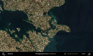 Vordingborg Kommune. Danimarka 'nın idari bölgesi Nisan 2022' de çekilen Kopernik Nöbetçi Karolarından oluşan bir uydu görüntüsüyle özetlenmiştir.