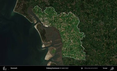 Esbjerg Kommune. Danimarka 'nın idari alanı, Haziran 2022' de çekilen Kopernik Nöbetçi karolarından oluşan koyu renkli bir uydu görüntüsü üzerine vurgulandı ve özetlendi.