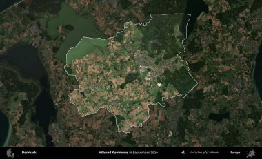 Hillered Kommune. Danimarka 'nın idari alanı, Eylül 2020' de çekilen Kopernik Nöbetçi karolarından oluşan koyu renkli bir uydu görüntüsü üzerine vurgulandı ve özetlendi.