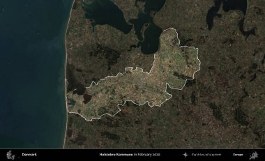 Holstebro Kommune. Danimarka 'nın idari alanı, Şubat 2020' de çekilen Kopernik Nöbetçi karolarından oluşan koyu renkli bir uydu görüntüsü üzerine vurgulandı ve özetlendi.