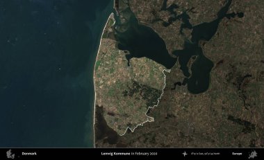 Lemvig Kommune. Danimarka 'nın idari alanı, Şubat 2020' de çekilen Kopernik Nöbetçi karolarından oluşan koyu renkli bir uydu görüntüsü üzerine vurgulandı ve özetlendi.