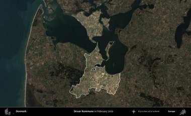 Struer Kommune. Danimarka 'nın idari alanı, Şubat 2020' de çekilen Kopernik Nöbetçi karolarından oluşan koyu renkli bir uydu görüntüsü üzerine vurgulandı ve özetlendi.