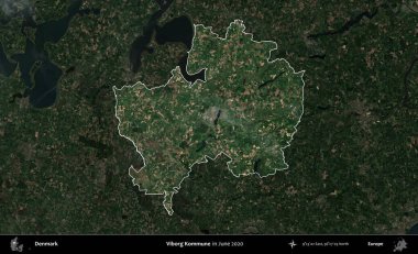Viborg Kommune. Danimarka 'nın idari alanı, Haziran 2020' de çekilen Kopernik Nöbetçi karolarından oluşan koyu renkli bir uydu görüntüsü üzerine vurgulandı ve özetlendi.