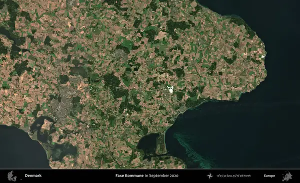 Faxe Kommune. Danimarka 'nın idari bölgesi, Eylül 2020' de çekilen Kopernik Nöbetçi karolarından oluşan bir uydu görüntüsü üzerine kurulmuştur.