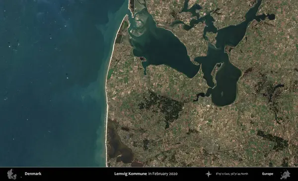 Lemvig Kommune. Danimarka 'nın idari bölgesi, Şubat 2020' de çekilen Kopernik Nöbetçi karolarından oluşan bir uydu görüntüsü üzerine kurulmuştur.