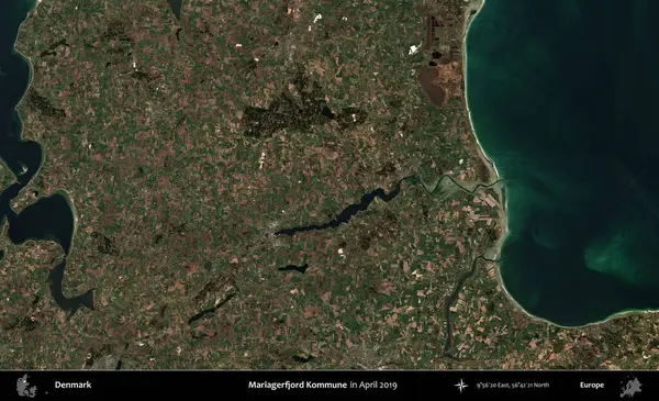 Mariagerfjord Kommune. Nisan 2019 'da çekilen Kopernik Nöbetçi karolarından oluşan bir uydu görüntüsü üzerine Danimarka' nın idari bölgesi