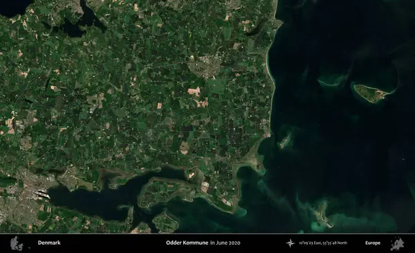 Garip Kommune. Danimarka 'nın idari bölgesi, Haziran 2020' de çekilen Kopernik Sentinel karolarından oluşan bir uydu görüntüsü üzerine kurulmuştur.