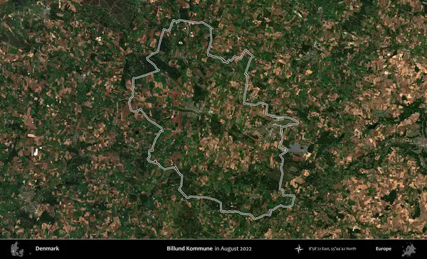 Billund Kommune. Danimarka 'nın idari bölgesi, Ağustos 2022' de çekilen Kopernik Nöbetçi Fayanslarından oluşan bir uydu görüntüsü ile özetlenmiştir.