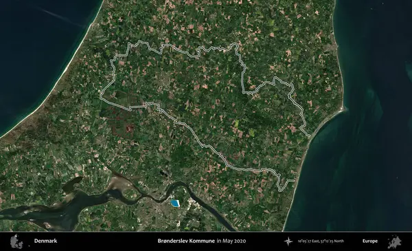 Bronderslev Kommune. Danimarka 'nın idari bölgesi, Mayıs 2020' de çekilen Kopernik Nöbetçi Fayanslarından oluşan bir uydu görüntüsünde özetlenmiştir.