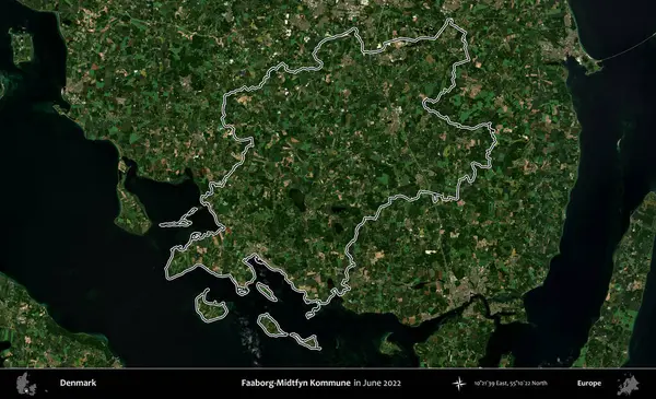 İbne-Midtfyn Kommune. Danimarka 'nın idari bölgesi, Haziran 2022' de çekilen Kopernik Nöbetçi Fayanslarından oluşan bir uydu görüntüsü ile özetlenmiştir.