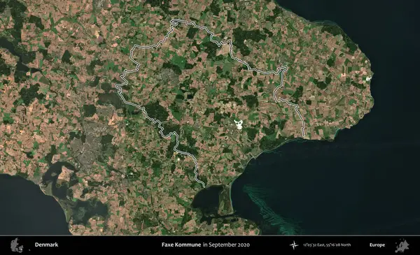 Faxe Kommune. Danimarka 'nın idari bölgesi, Eylül 2020' de çekilen Kopernik Nöbetçi Fayanslarından oluşan bir uydu görüntüsünde özetlenmiştir.