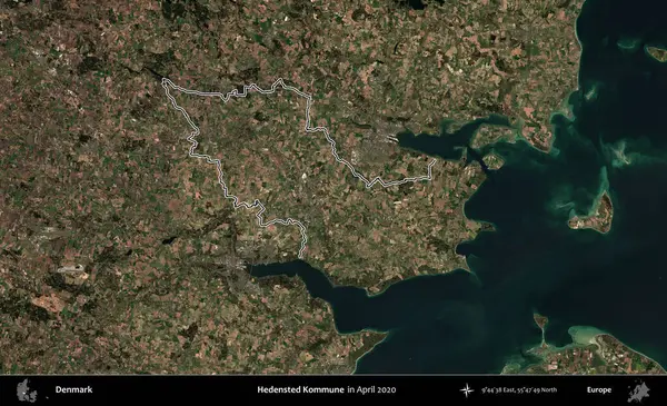 Hedensted Kommune. Danimarka 'nın idari alanı Nisan 2020' de çekilen Kopernik Nöbetçi karolarından oluşan bir uydu görüntüsüyle özetlenmiştir.