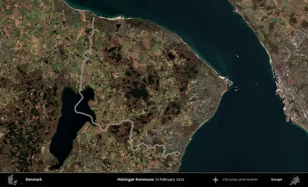 Helsingor Kommune. Danimarka 'nın idari bölgesi, Şubat 2022' de çekilen Kopernik Nöbetçi Fayanslarından oluşan bir uydu görüntüsünde özetlenmiştir.