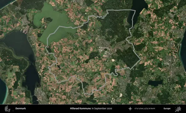 Hillered Kommune. Danimarka 'nın idari bölgesi, Eylül 2020' de çekilen Kopernik Nöbetçi Fayanslarından oluşan bir uydu görüntüsünde özetlenmiştir.