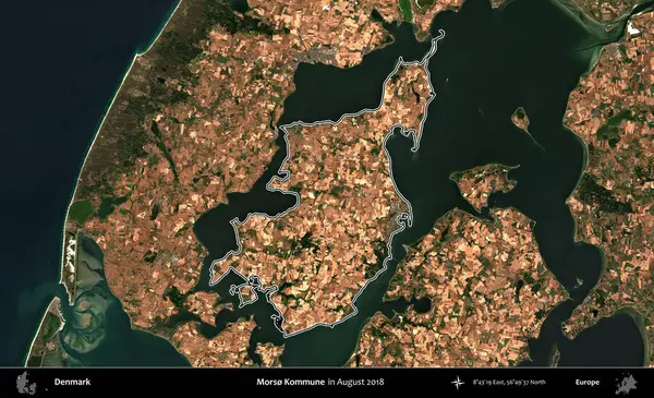 Morso Kommune. Danimarka 'nın idari bölgesi, Ağustos 2018' de çekilen Kopernik Nöbetçi karolarından oluşan bir uydu görüntüsünde özetlenmiştir.