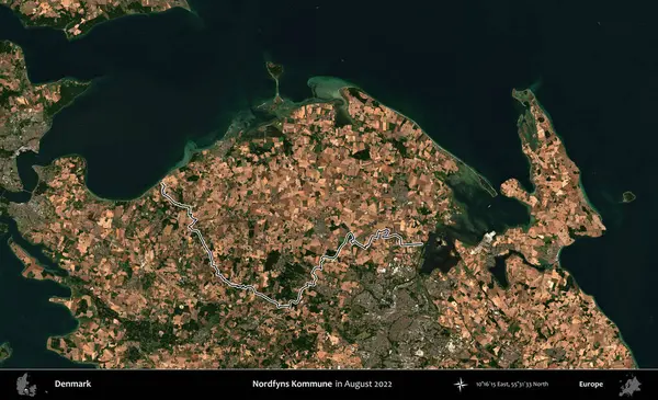Nordfyns Kommune. Danimarka 'nın idari bölgesi, Ağustos 2022' de çekilen Kopernik Nöbetçi Fayanslarından oluşan bir uydu görüntüsü ile özetlenmiştir.
