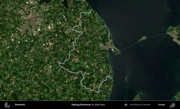 Nyborg Kommune. Danimarka 'nın idari bölgesi, Haziran 2022' de çekilen Kopernik Nöbetçi Fayanslarından oluşan bir uydu görüntüsü ile özetlenmiştir.