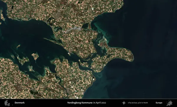 Vordingborg Kommune. Danimarka 'nın idari bölgesi Nisan 2022' de çekilen Kopernik Nöbetçi Karolarından oluşan bir uydu görüntüsüyle özetlenmiştir.