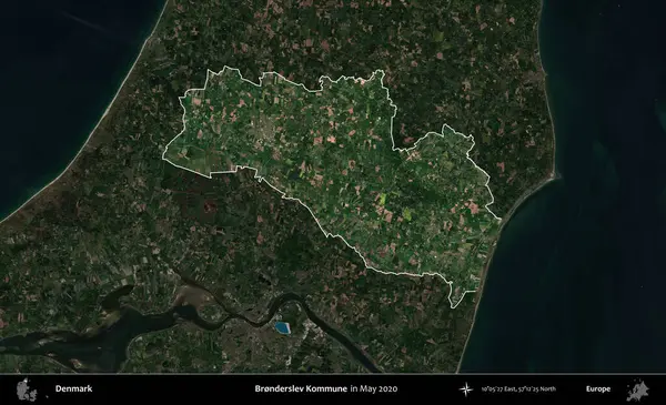 Bronderslev Kommune. Danimarka 'nın idari alanı, Mayıs 2020' de çekilen Kopernik Nöbetçi karolarından oluşan koyu renkli bir uydu görüntüsü üzerine vurgulandı ve özetlendi.