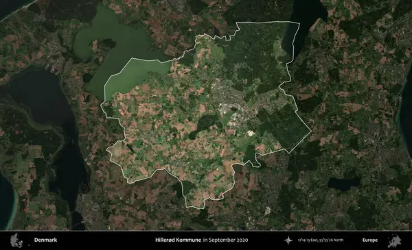 Hillered Kommune. Danimarka 'nın idari alanı, Eylül 2020' de çekilen Kopernik Nöbetçi karolarından oluşan koyu renkli bir uydu görüntüsü üzerine vurgulandı ve özetlendi.