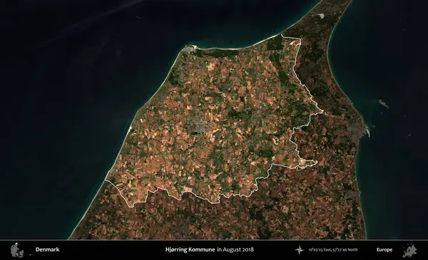 Hjorring Kommune. Danimarka 'nın idari alanı, Ağustos 2018' de çekilen Kopernik Nöbetçi karolarından oluşan koyu renkli bir uydu görüntüsü üzerine vurgulandı ve özetlendi.