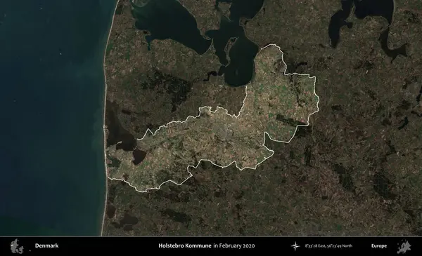Holstebro Kommune. Danimarka 'nın idari alanı, Şubat 2020' de çekilen Kopernik Nöbetçi karolarından oluşan koyu renkli bir uydu görüntüsü üzerine vurgulandı ve özetlendi.