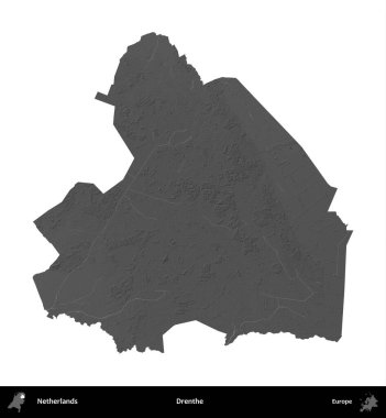 Drenthe. Hollanda 'nın idari bölgesi gri ölçekli yükseklik haritasında beyaza izole edildi