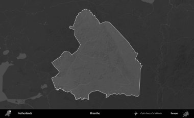 Drenthe. Hollanda 'nın idari alanı koyu gri tonlu bir yükselme haritasına vurgulandı ve özetlendi