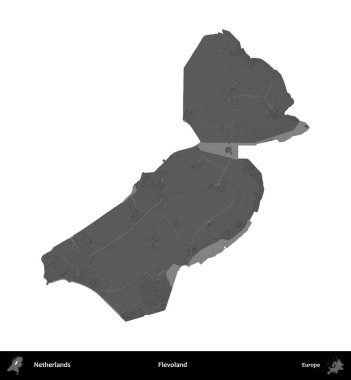 Flevoland. Hollanda 'nın idari bölgesi gri ölçekli yükseklik haritasında beyaza izole edildi
