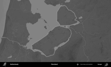 Flevoland. Hollanda 'nın idari alanı gri ölçekli yükseklik haritasında belirtilmiştir