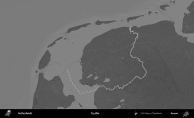 Fryslan. Hollanda 'nın idari alanı gri ölçekli yükseklik haritasında belirtilmiştir