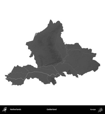 Gelderland. Hollanda 'nın idari bölgesi gri ölçekli yükseklik haritasında beyaza izole edildi