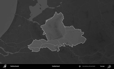 Gelderland. Hollanda 'nın idari alanı koyu gri tonlu bir yükselme haritasına vurgulandı ve özetlendi