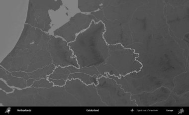 Gelderland. Hollanda 'nın idari alanı gri ölçekli yükseklik haritasında belirtilmiştir