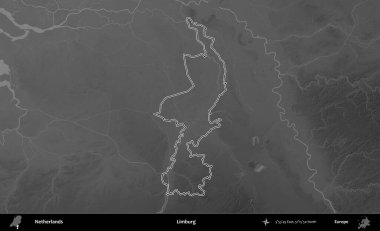 Limburg. Hollanda 'nın idari alanı gri ölçekli yükseklik haritasında belirtilmiştir