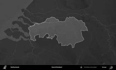 Hayır, Brabant. Hollanda 'nın idari alanı koyu gri tonlu bir yükselme haritasına vurgulandı ve özetlendi