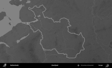 Overijssel. Hollanda 'nın idari alanı gri ölçekli yükseklik haritasında belirtilmiştir