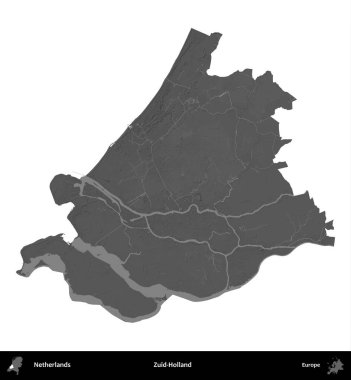 Zuid-Holland. Hollanda 'nın idari bölgesi gri ölçekli yükseklik haritasında beyaza izole edildi