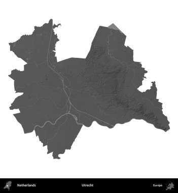 Utrecht. Hollanda 'nın idari bölgesi gri ölçekli yükseklik haritasında beyaza izole edildi