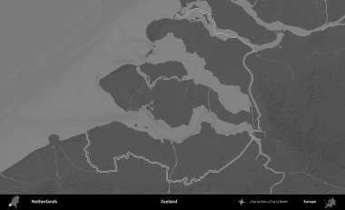 Zeeland. Hollanda 'nın idari alanı gri ölçekli yükseklik haritasında belirtilmiştir