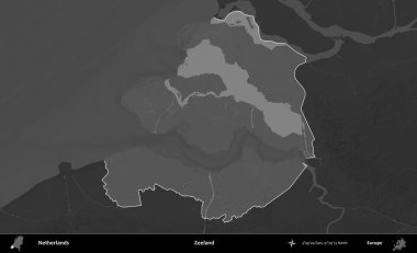 Zeeland. Hollanda 'nın idari alanı koyu gri tonlu bir yükselme haritasına vurgulandı ve özetlendi
