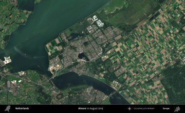 Almere. Ağustos 2019 'da çekilen Kopernik Nöbetçi karolarından oluşan uydu görüntüsü üzerinde Hollanda' nın idari bölgesi
